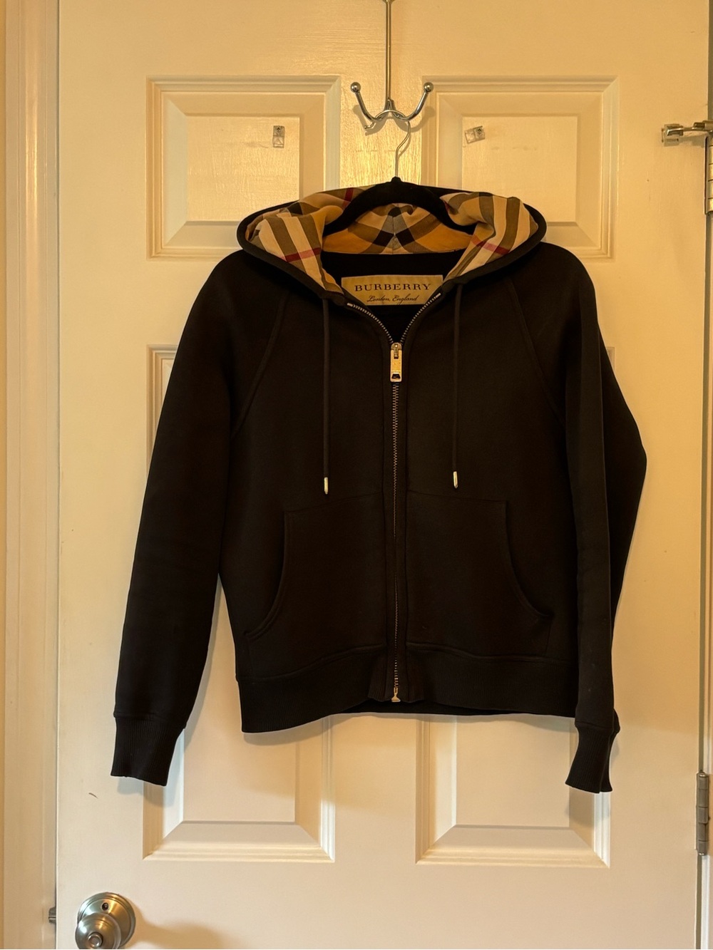 Burberry Black Hoodie with Beige Check Lined Hood